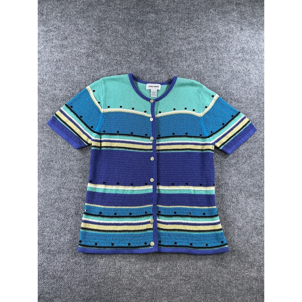 Alfred Dunner Womens Short Sleeve Knit Cardigan Blue Teal Striped Button Front L